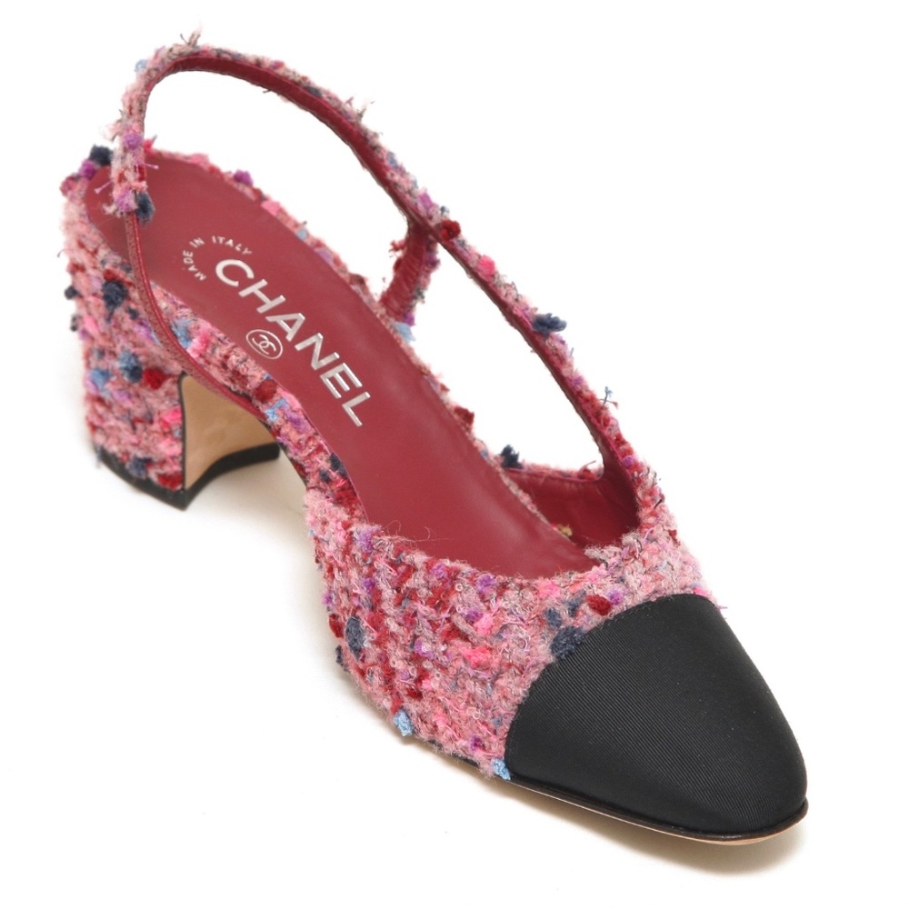 CHANEL Tweed Slingbacks Pumps Leather Pink Black Grosgrain Cap Toe Heels Sz 38C